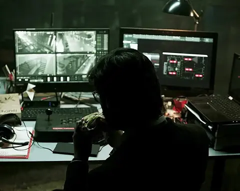 Analyst in dark server room